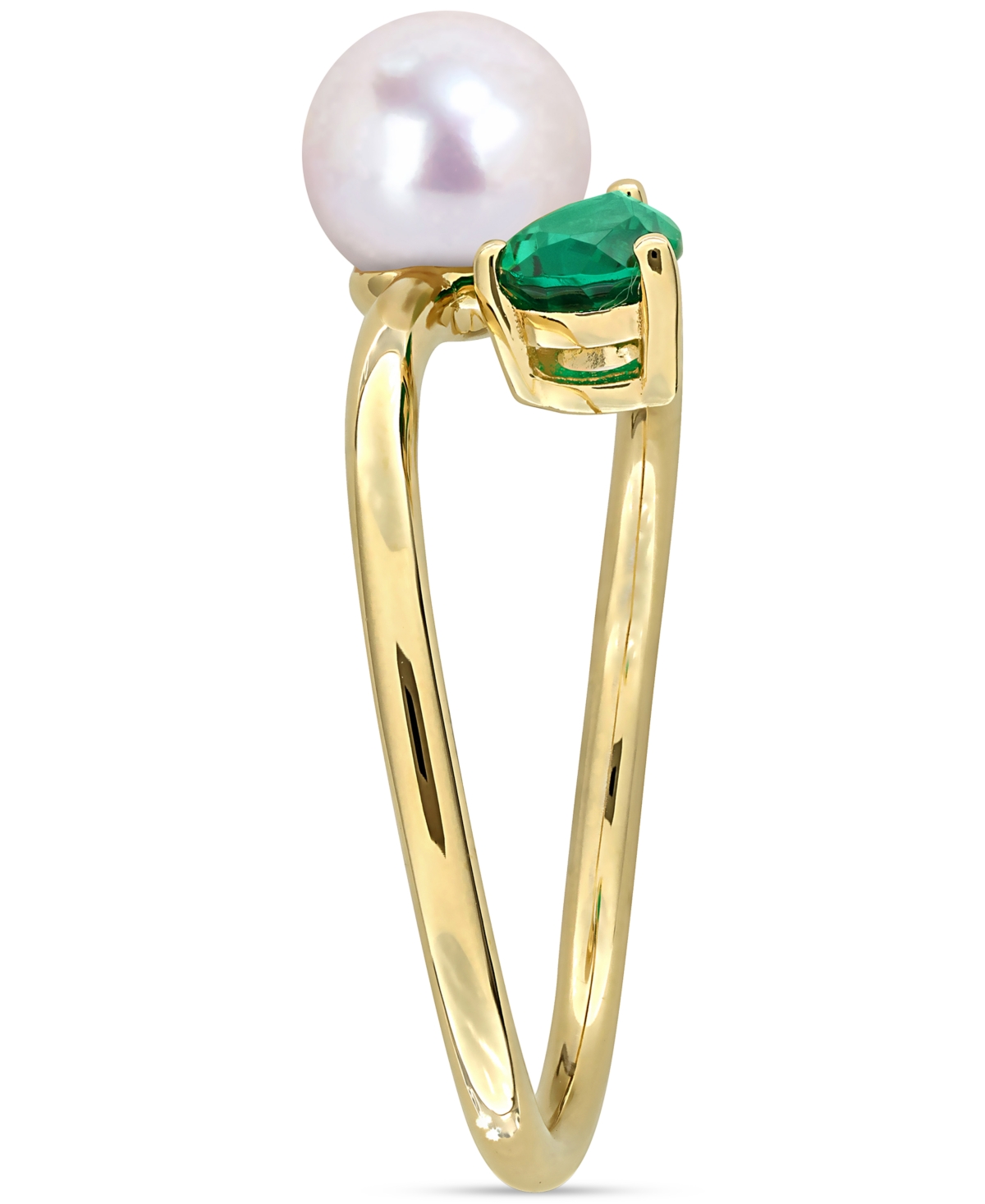 Macy's Cultured Freshwater Pearl & Lab-created Emerald Ring (3/8 Ct. T.w.) In 18k Gold-plated Sterling Silv In Gold