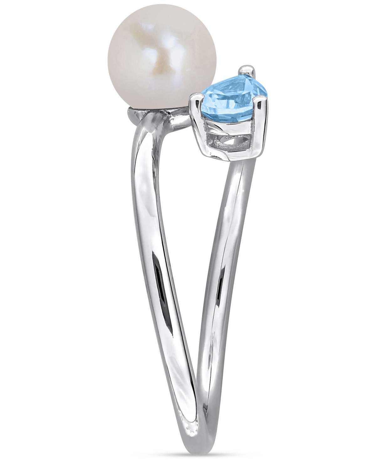 Macy's Cultured Freshwater Pearl (6mm) & Blue Topaz (3/8 Ct. T.w.) Bypass Ring In Sterling Silver In Blue