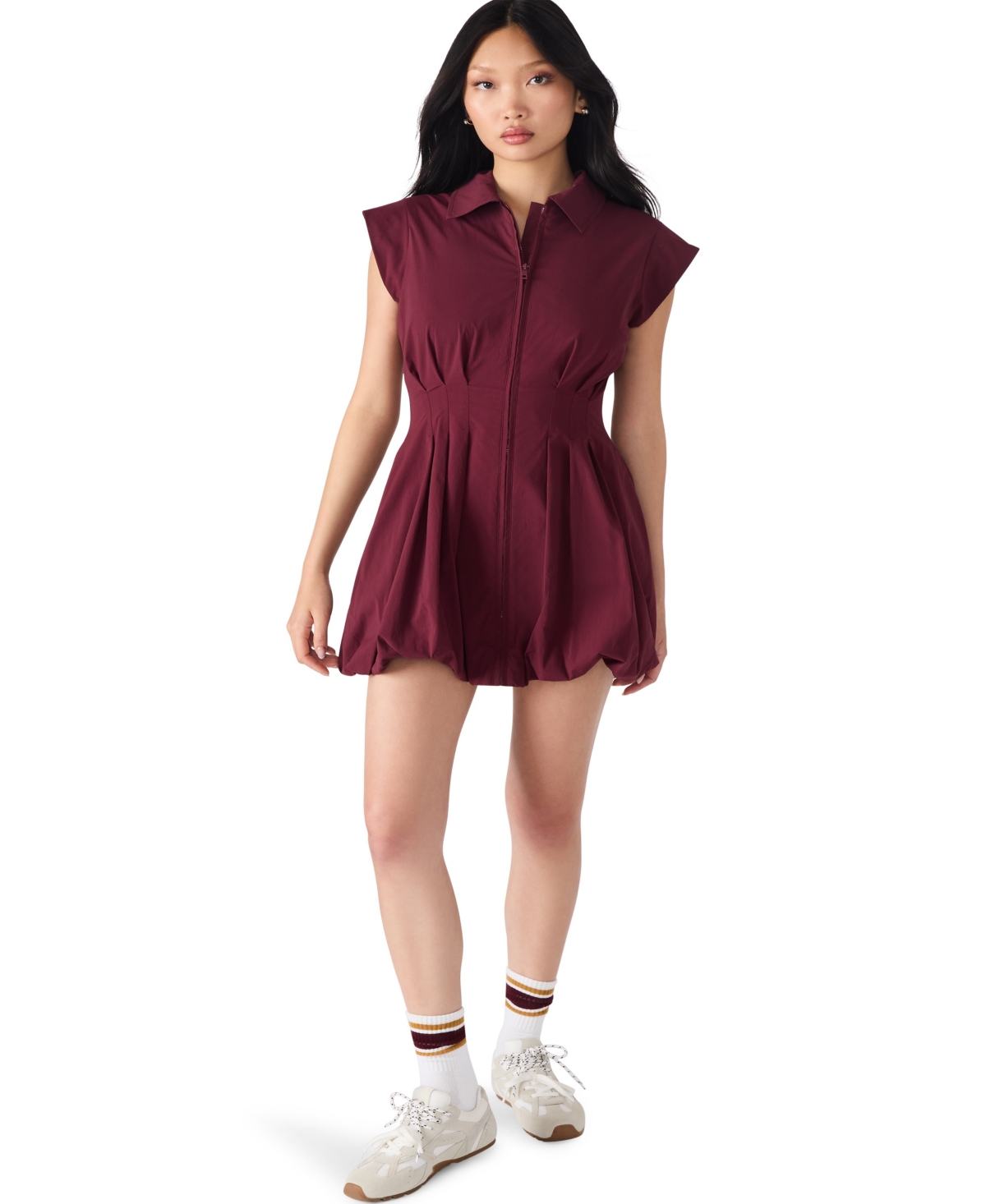 Steve Madden Dyanne Poplin Pleated Mini Dress In Burgundy