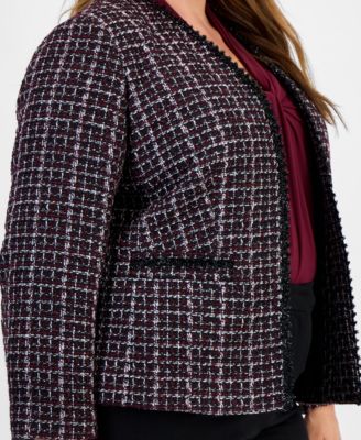 Plus Size Tweed Collarless Open-Front Jacket