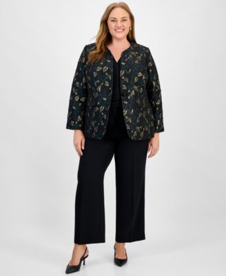 Plus Size Metallic Jacquard Collarless One-Button Blazer
