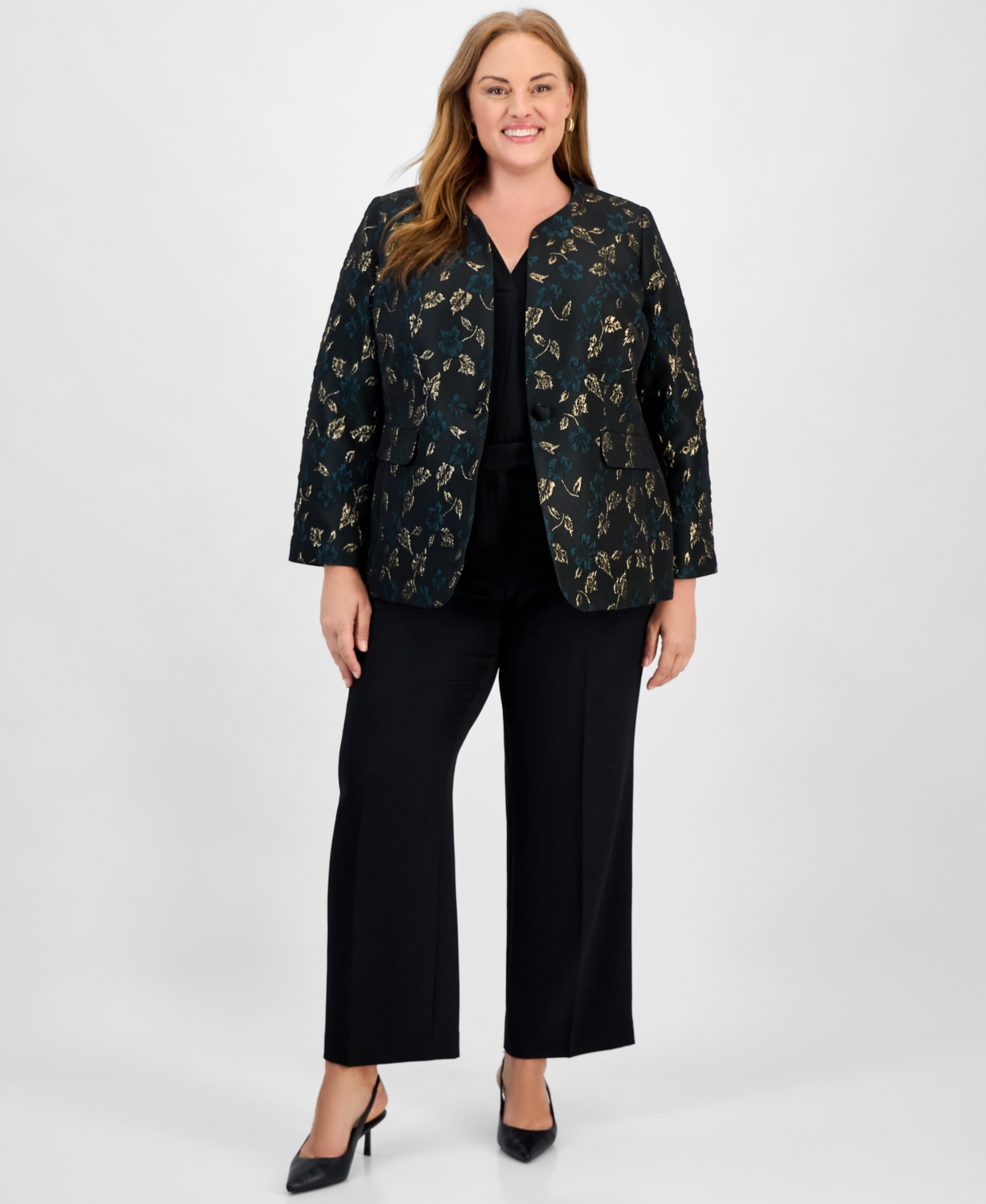 Kasper Plus Size Metallic Jacquard Collarless One-button Blazer In Black