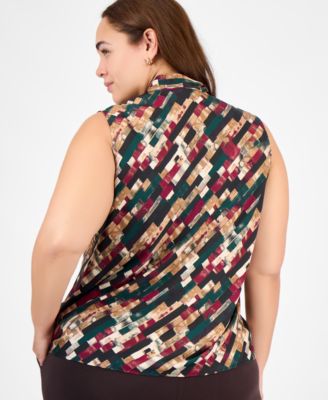 Plus Size Printed Tie-Neck Sleeveless Top