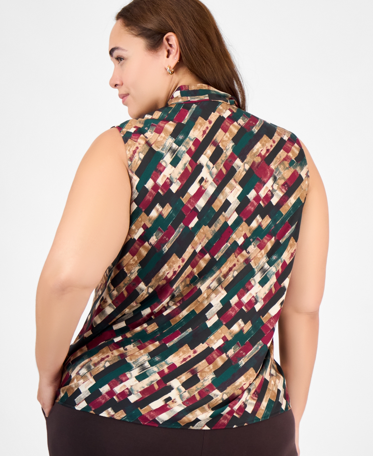 Kasper Plus Size Printed Tie-neck Sleeveless Top In Multi