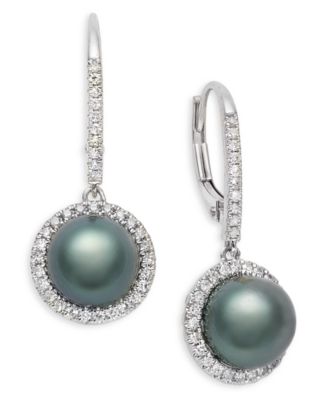 Macy's - Tahitian Pearl (7.5-8.0mm) and Diamond (1/4 ct.tw.) Leverback Earrings set in 14K White Gold