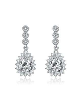 Sterling Silver with White Gold Plated Clear Pear and Round Cubic Zirconia Halo Drop Earrings