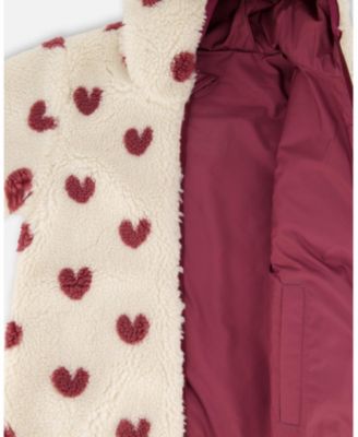 Girl Reversible Mid-Season Sherpa Jacket Burgundy Heart - Child