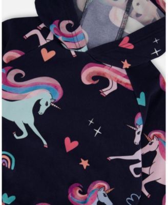 Girl Pullover Fleece Hoodie Navy Unicorn Print - Toddler|Child
