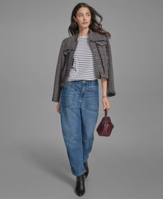 Bcbg Womens Tweed Jacket Stripe Crew Barrell Jeans In Blue