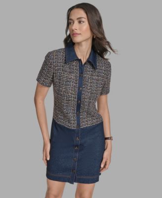 Women's Short Sleeve Drop-Waist Tweed Denim Mini Dress