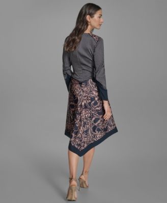 Women's Long Sleeve Mix-Print V-Neck Dress