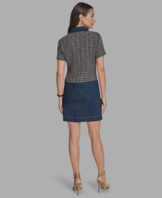 Women's Short Sleeve Drop-Waist Tweed Denim Mini Dress