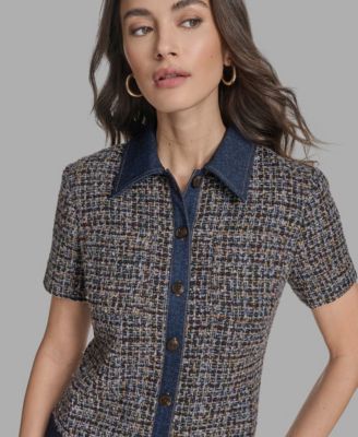 Women's Short Sleeve Drop-Waist Tweed Denim Mini Dress