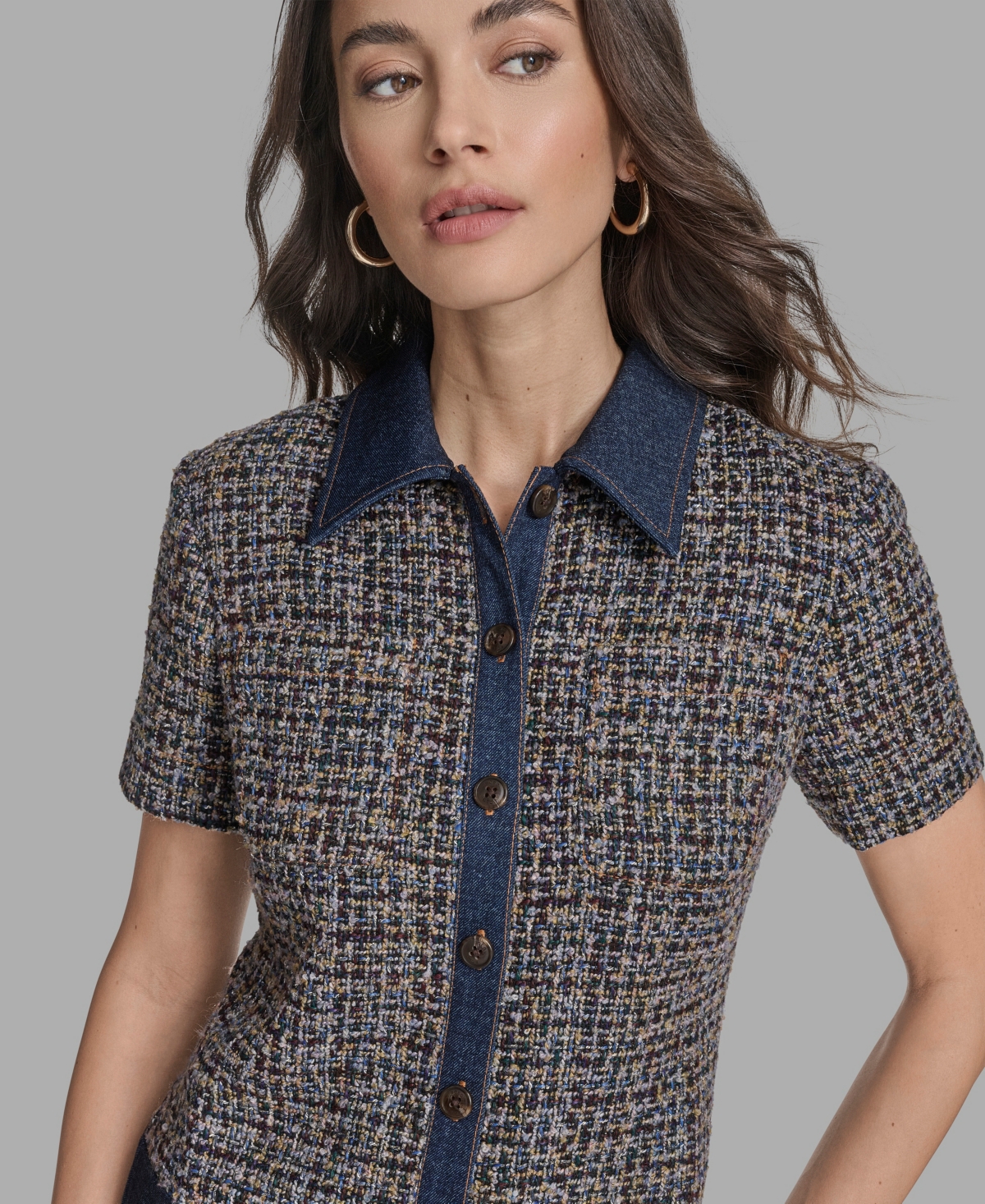 Bcbg Women's Short Sleeve Drop-waist Tweed Denim Mini Dress In Blue