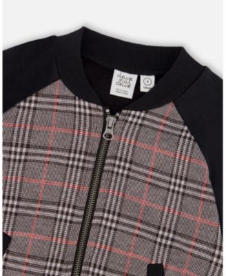 Boy Bi-Material Zip Front Jacket Gray and Black Plaid - Child