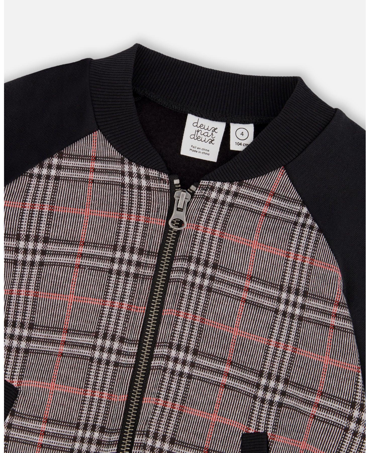 Deux par Boy Bi-Material Zip Front Jacket Gray and Black Plaid