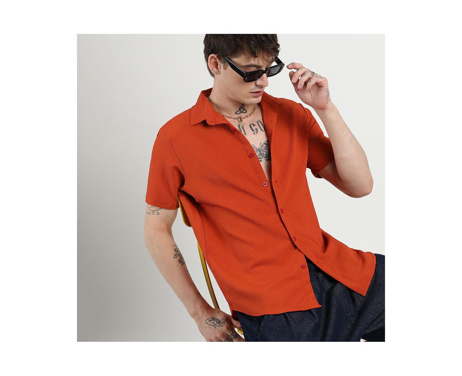 Men's Red Ruched Regular Fit Casual Shirt