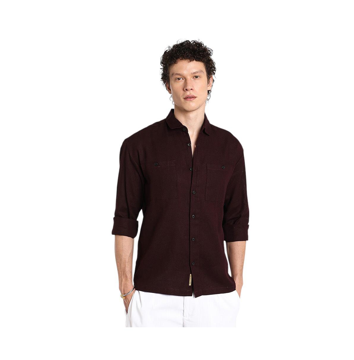 Men's Burgundy Red Solid Utility Shirt - Red