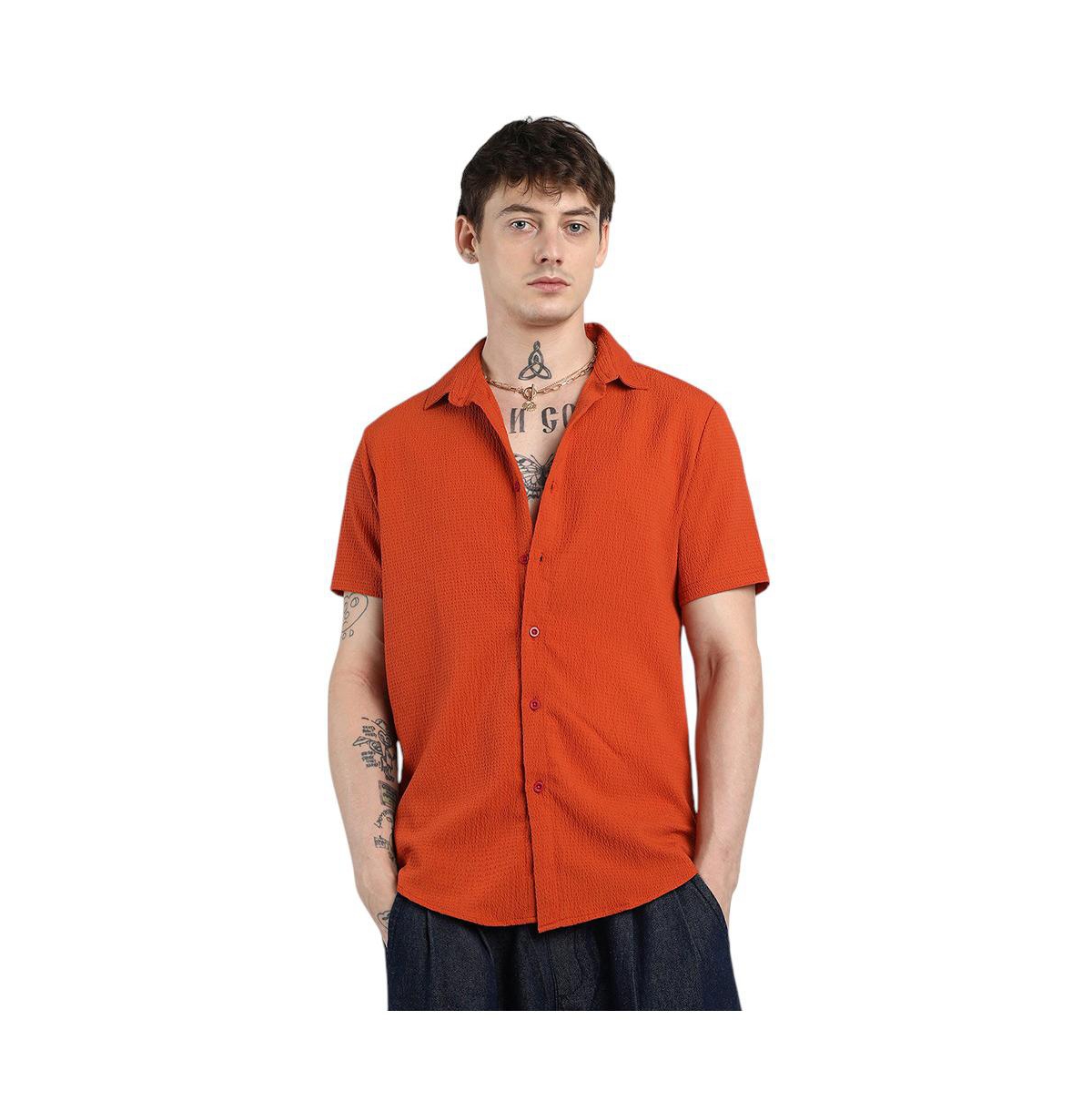 Men's Red Ruched Regular Fit Casual Shirt - Red