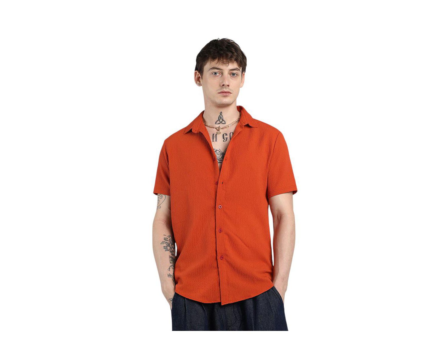 Men's Red Ruched Regular Fit Casual Shirt