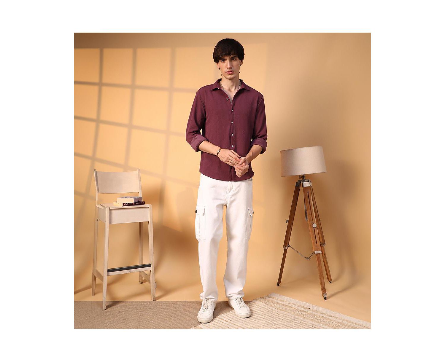 Men's Burgundy Red Rope-Textured Shirt