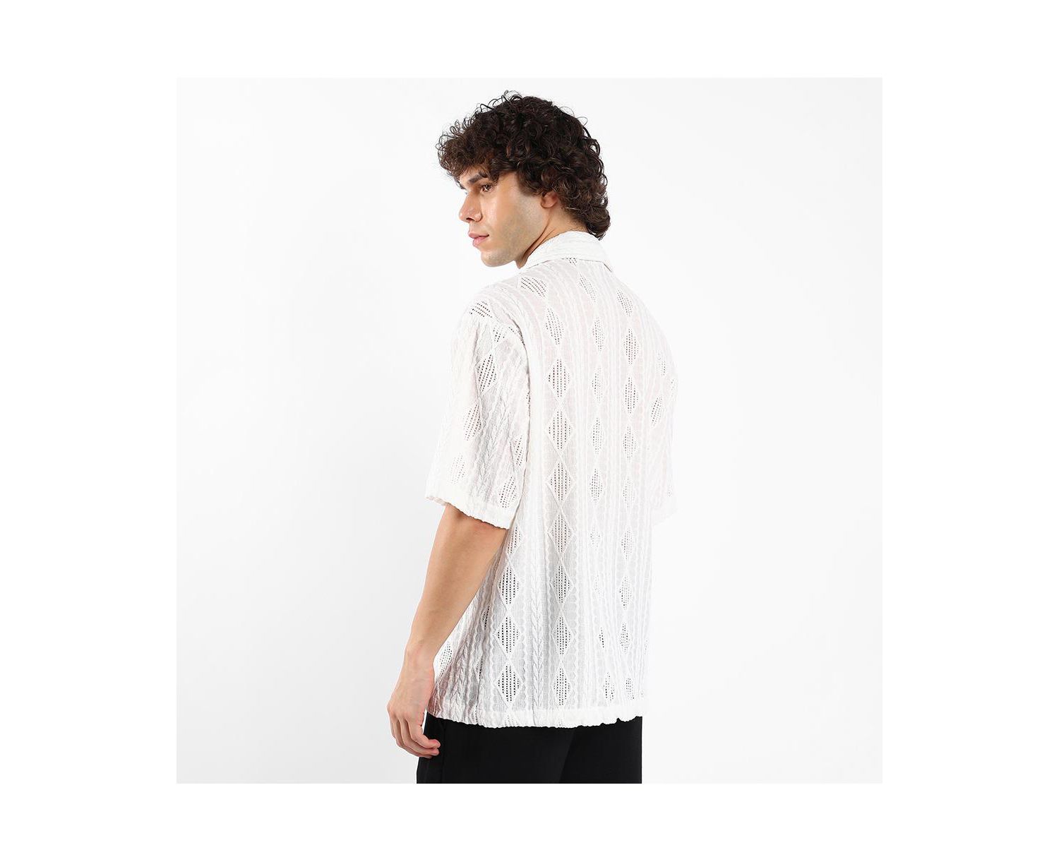 Men's Daisy White Argyle-Textured Oversized Shirt