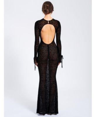 Women Waylynn Black Animal Print Burnout Velvet Detail Mesh Backless Maxi Dress