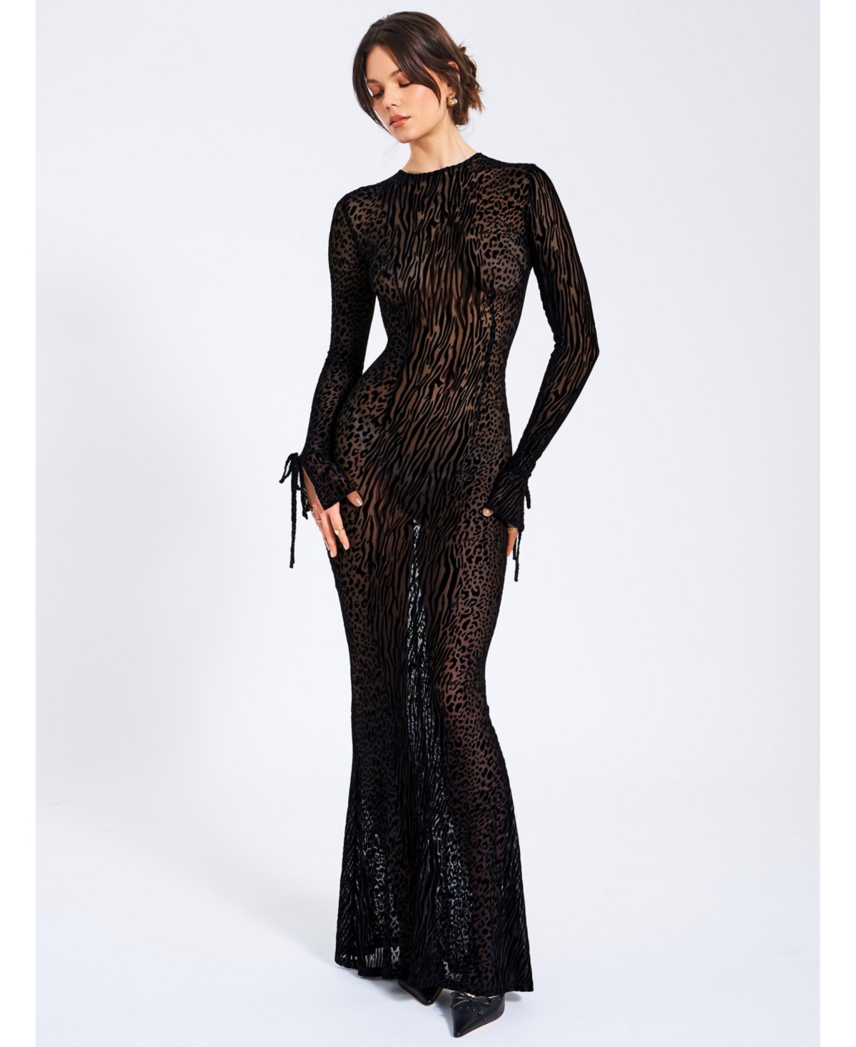 Women Waylynn Black Animal Print Burnout Velvet Detail Mesh Backless Maxi Dress - Black