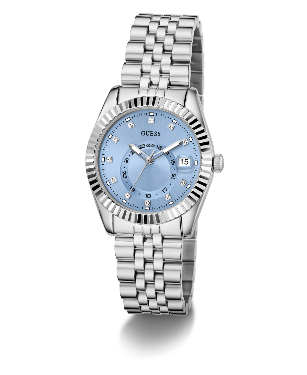 Guess Women's Silver Tone Multi-function Date Watch, 34mm In Metallic