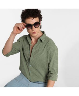 Men's Fern Green Honeycomb-Textured Oversized Shirt