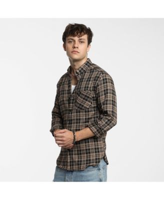 Men's Tan Brown & Charcoal Black Tartan Plaid Shirt