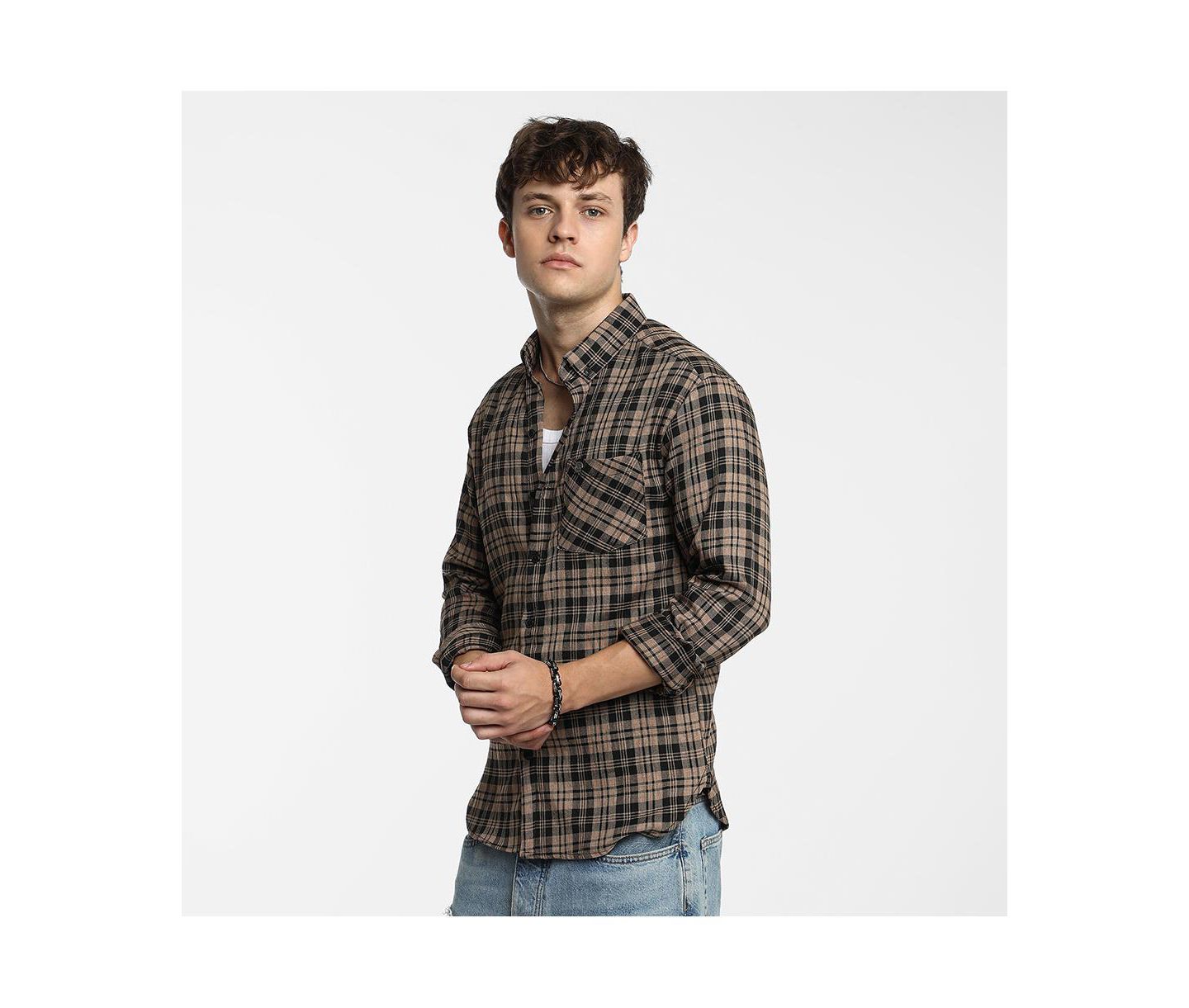 Мужская рубашка Cahoot Campus Sutra Tan Brown & Charcoal Black Tartan Plaid, цвет: Чёрный — фото 3