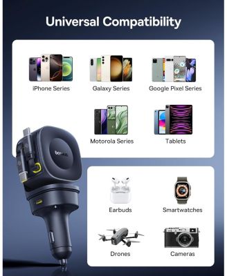 163W Retractable Car Charger USB C Fast Charging, PrimeTrip VR2 Max 4 in 1 Car Charger with Dual USB C Cable