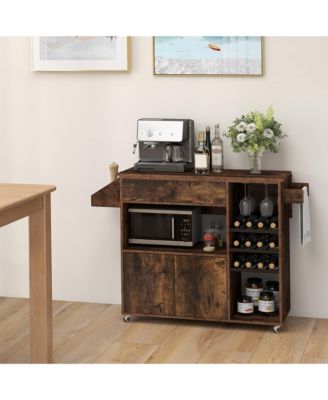 Drop-Leaf Kitchen Island Cart with Power Outlet, Microwave Shelf, Wine Rack & Drawer