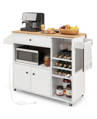 Drop-Leaf Kitchen Island Cart with Power Outlet, Microwave Shelf, Wine Rack & Drawer