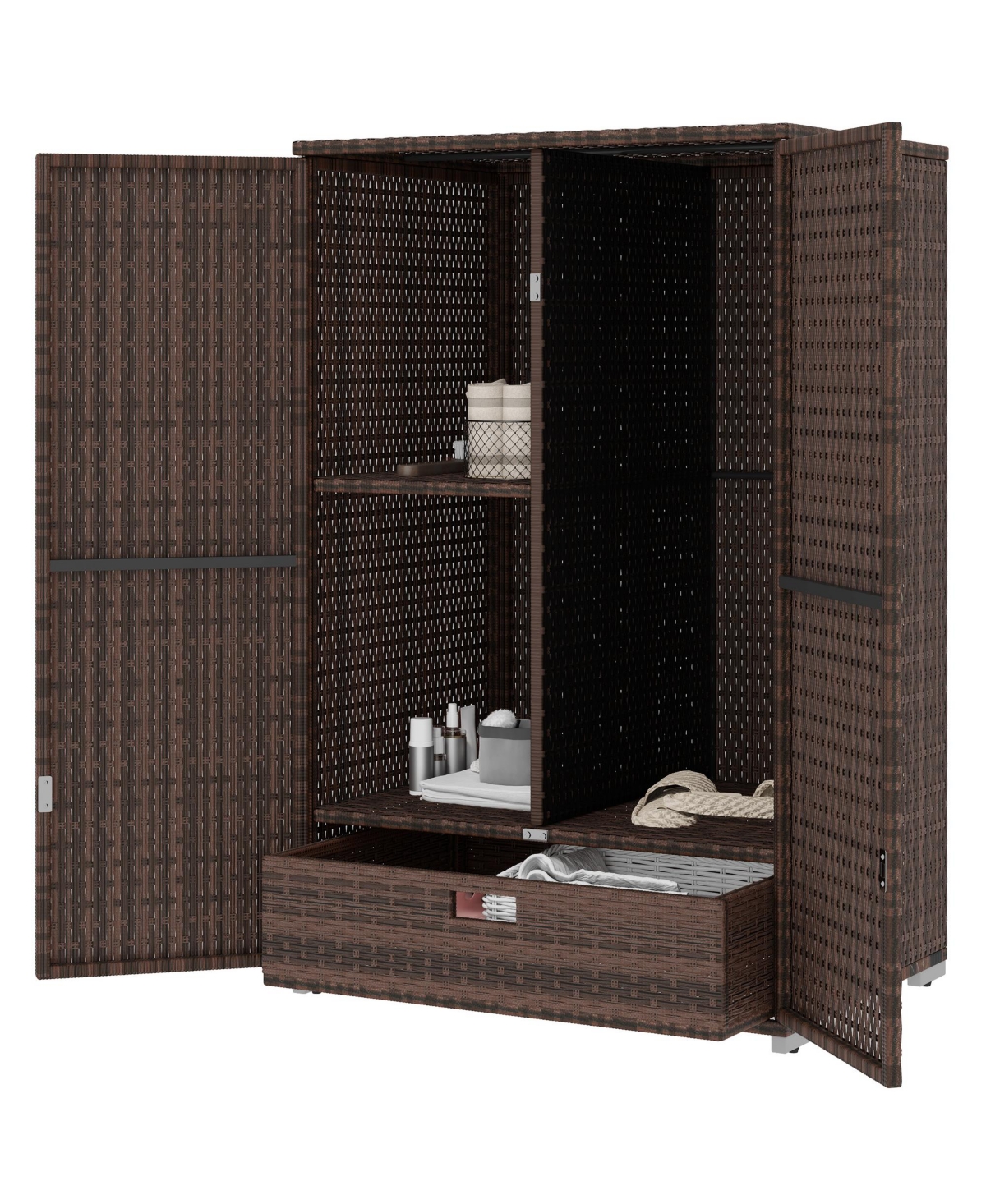 Outsunny Outdoor Wicker Towel Rack for Pool w/ Drawer & Cabinet, Dark