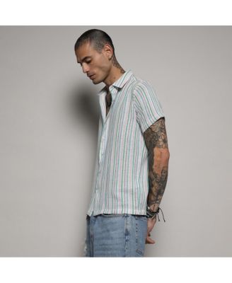 Men's Pink & Green Unbalanced Striped Woven Shirt