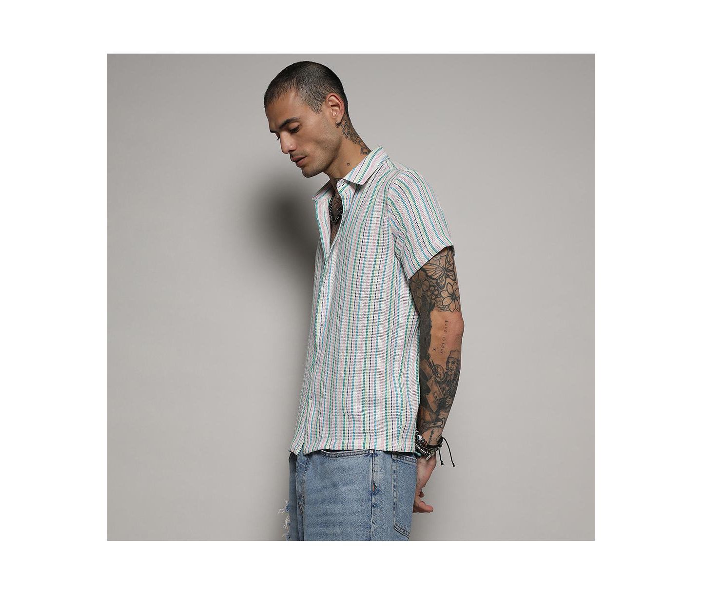 Мужская рубашка Cahoot Campus Sutra Pink & Green Unbalanced Striped Woven, цвет: Белый — фото 4