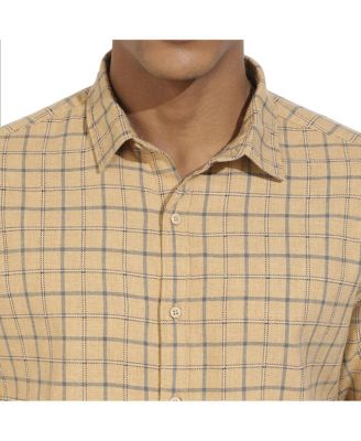 Men's Beige Contrast Tartan Plaid Shirt