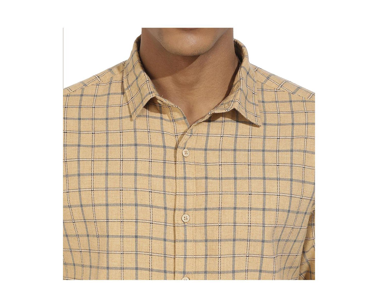Men's Beige Contrast Tartan Plaid Shirt