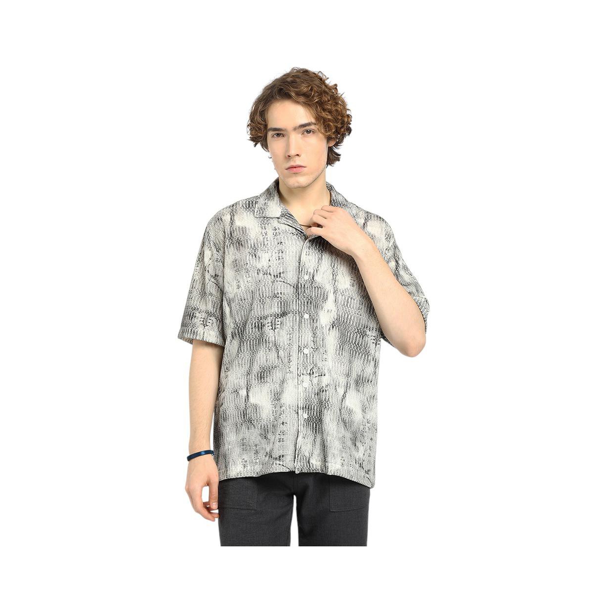 Men's Charcoal Black & Ivory White Faded Woven Oversized Shirt - Black