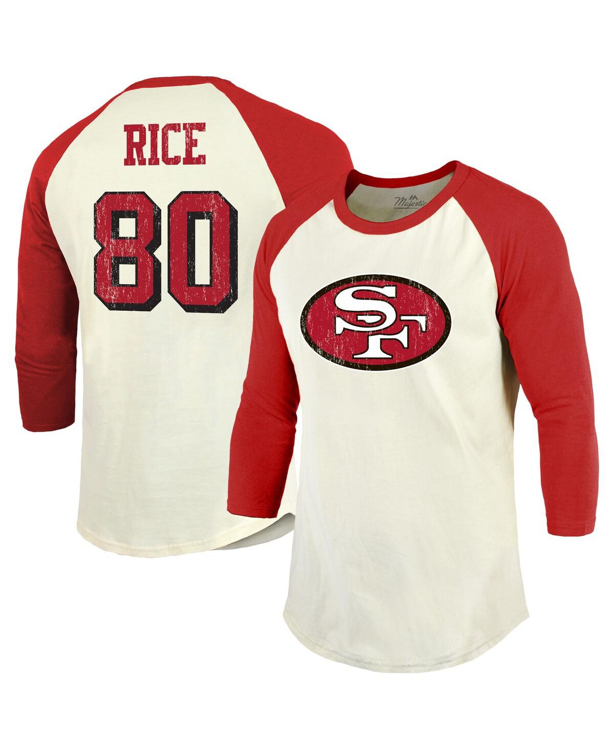 Majestic Men's Jerry Rice Cream/scarlet San Francisco 49ers Retired Player Name Number 3/4 Raglan Sleeve T-sh In Red