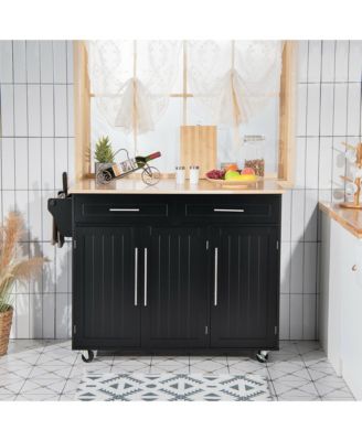 Kitchen Island Trolley Cart Wood Top Rolling Storage Cabinet w/Knife Block