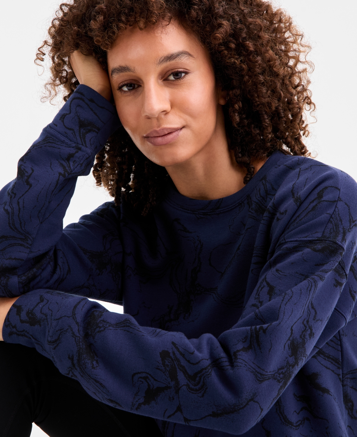 Id Ideology Women's Relaxed Earthly Marble Fleece Crewneck Sweatshirt, Macy's Exclusive In Blue