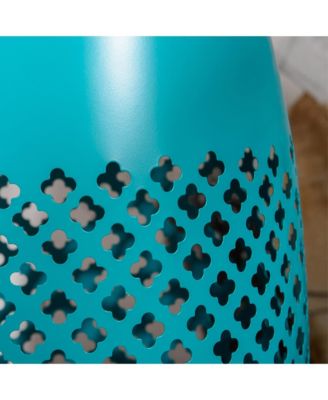 12.5" Steel Patio End Table, Round Hollow Drum Side Table, Accent Table for Indoor & Outdoor, Blue