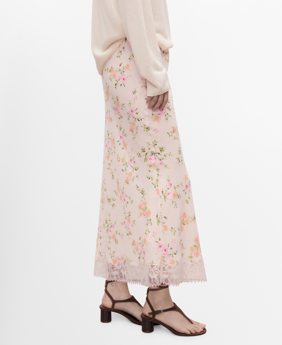 Women's Lace Detail Floral Skirt - Pastel Pink
