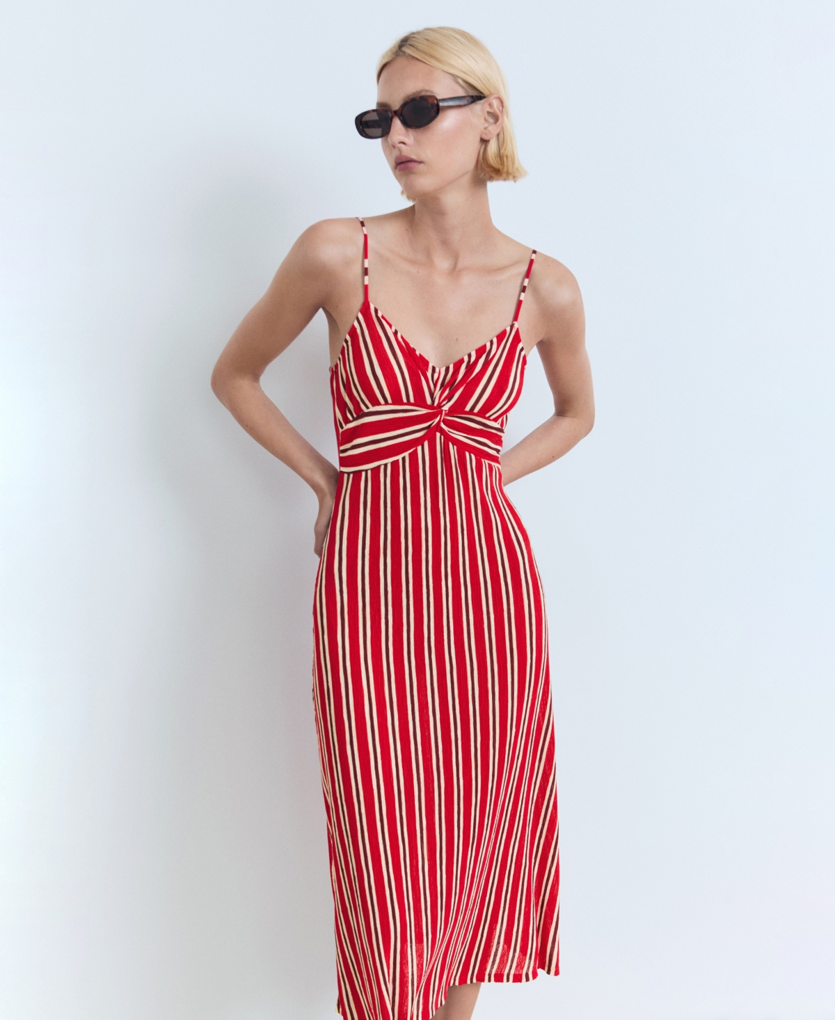 Mango Striped Gathered Dress Red In Red