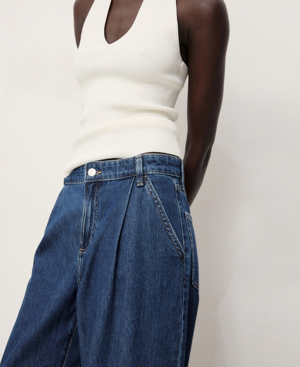 Mango Pleated Wide Leg Jeans In Blue