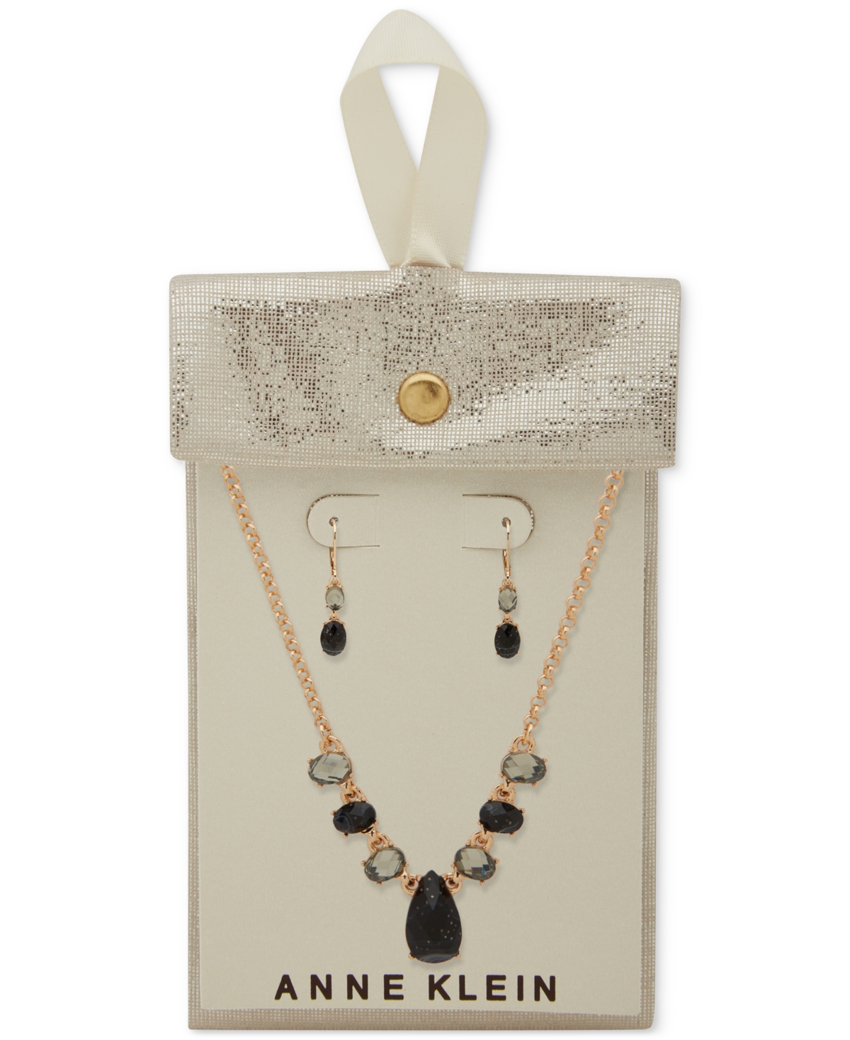Anne Klein Gold-tone Stone Drop Earrings & Frontal Necklace, 16" + 3" Extender In Black