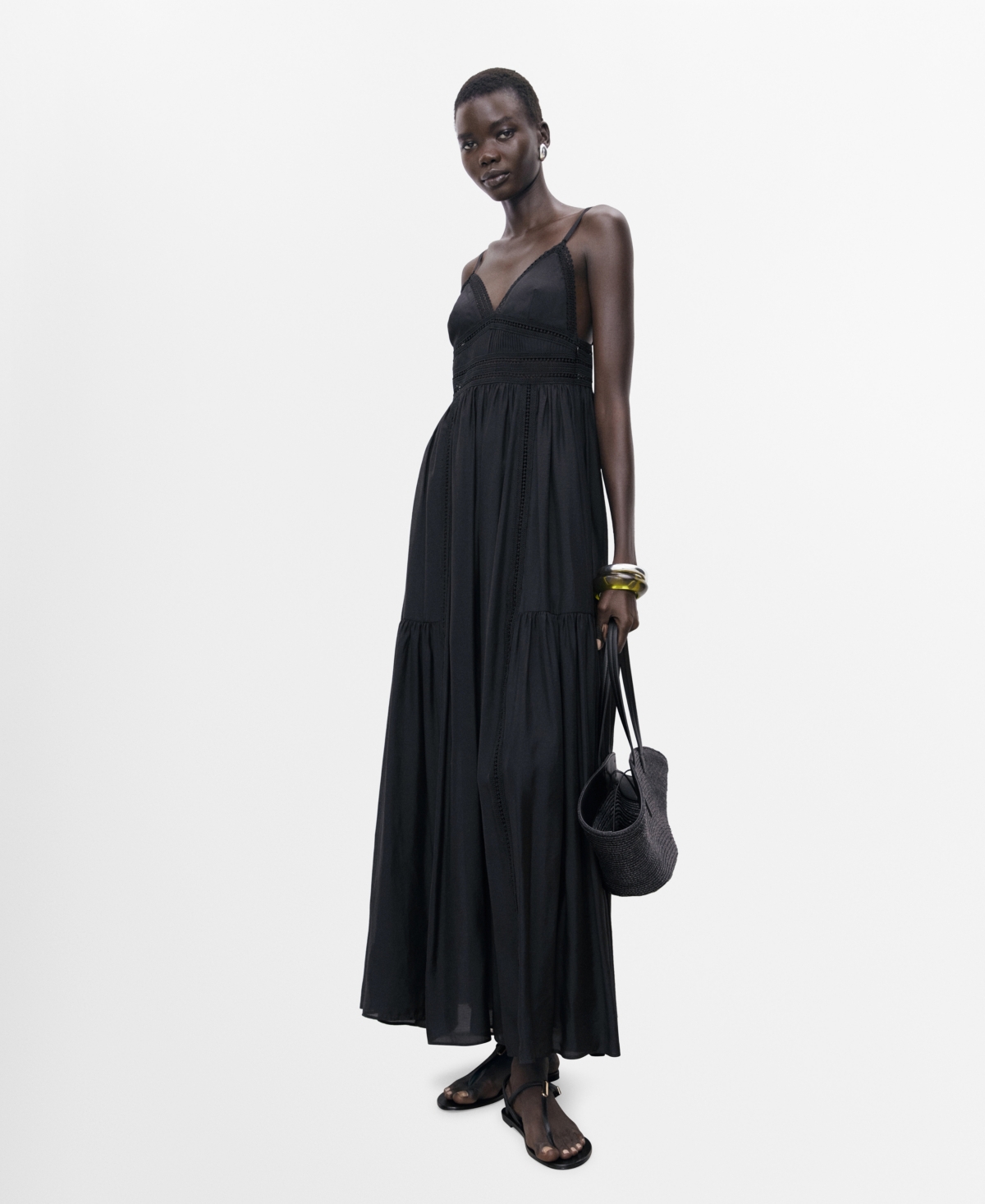 Mango Lace Trim Tiered Maxi Sundress In Blue